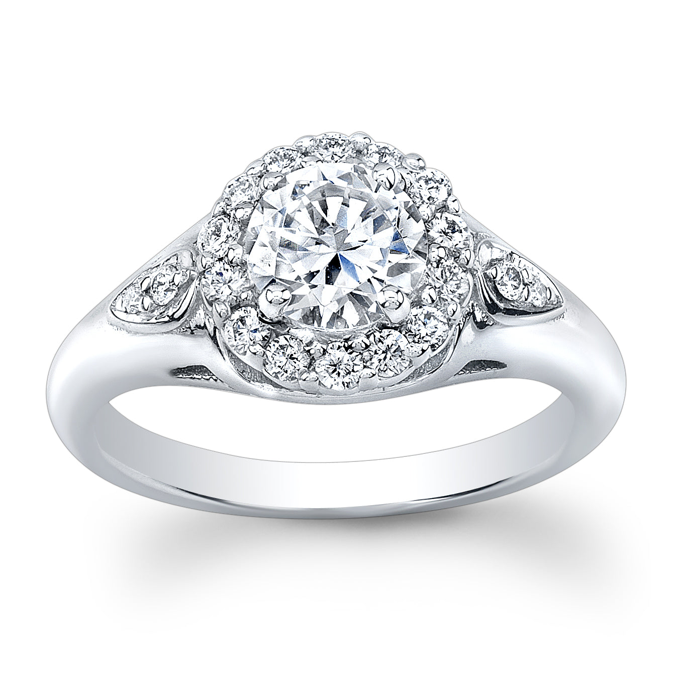 14k white gold diamond halo engagement ring with 1.50 carat Lannyte with 0.33 ctw diamonds