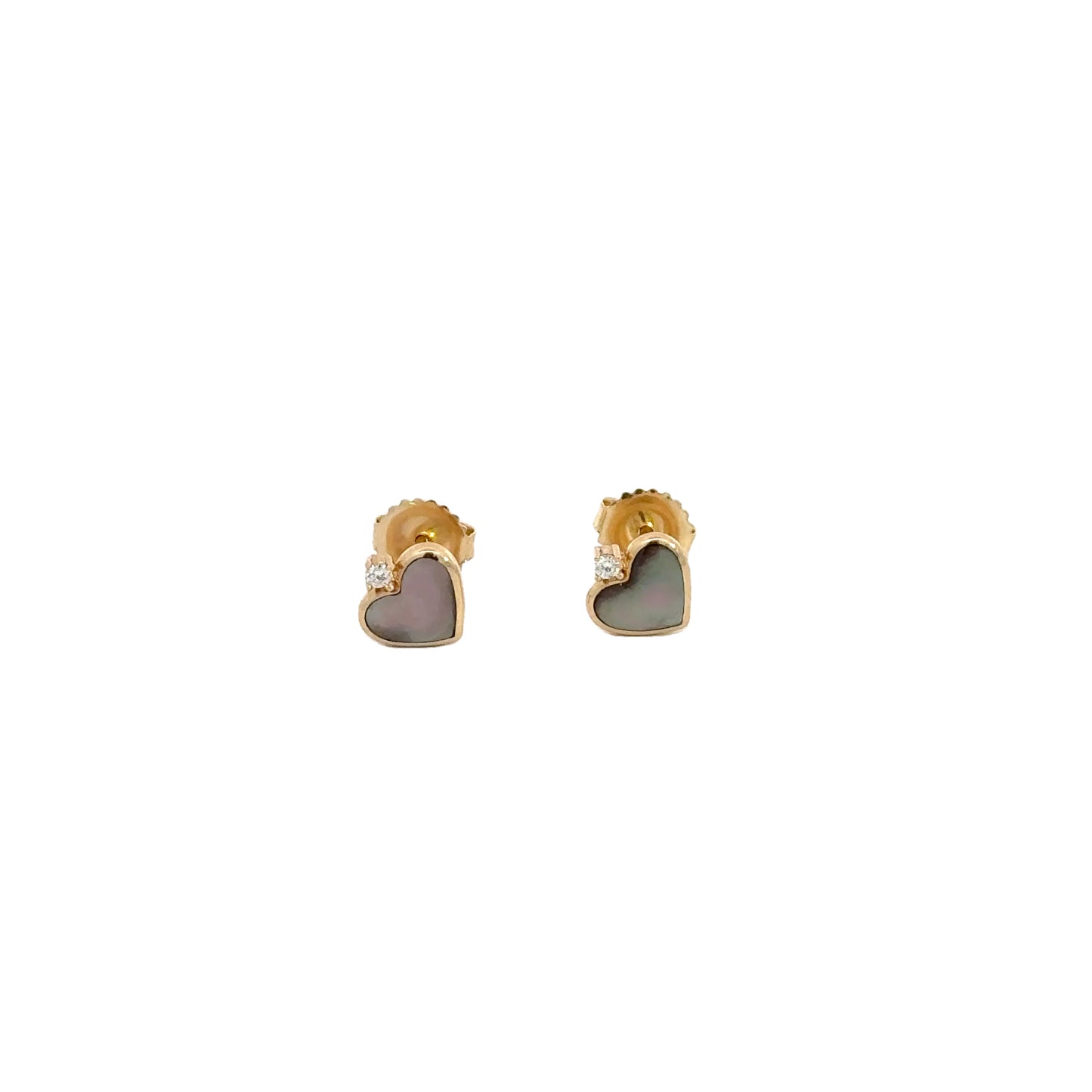 Designer Black Mother of Pearl heart earrings with diamond accents 0.04 ctw in 14k yellow gold