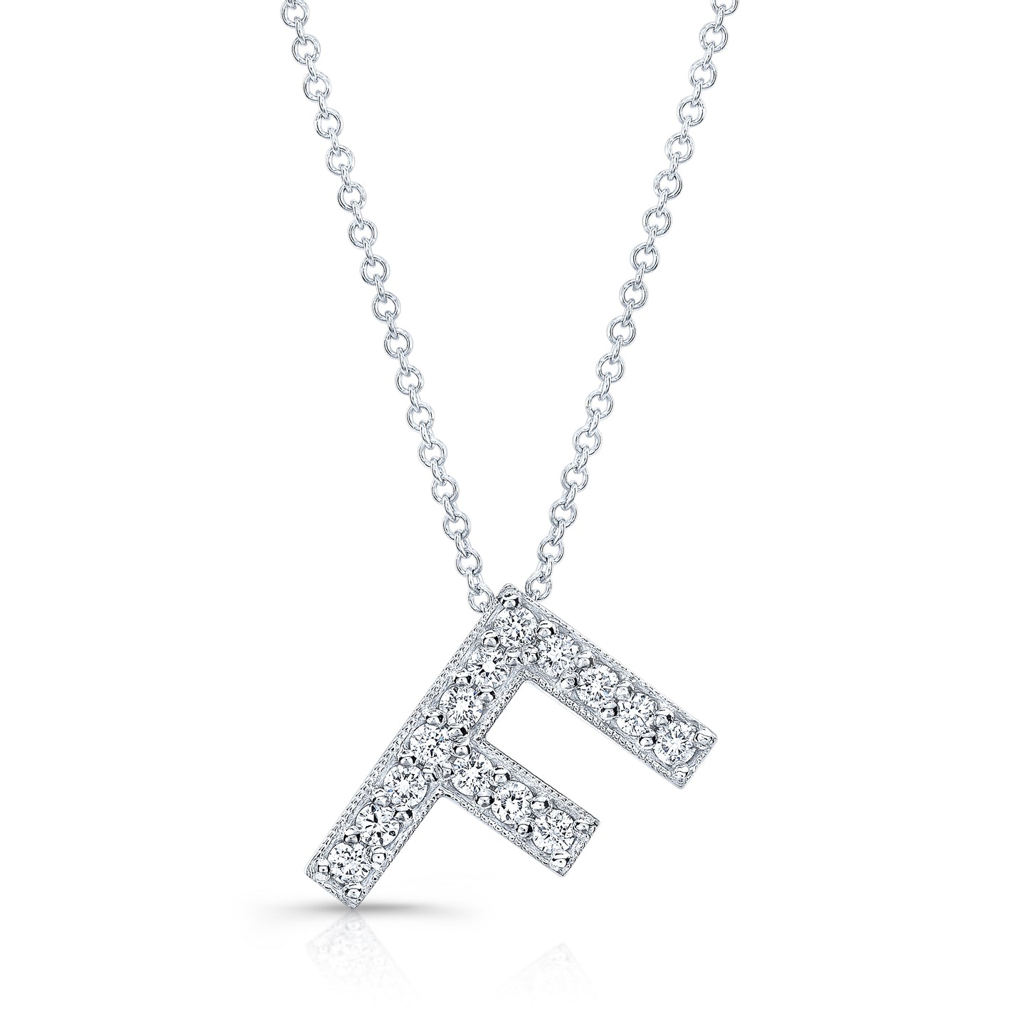 14k white gold diamond initial pendant "F" 0.12 ctw