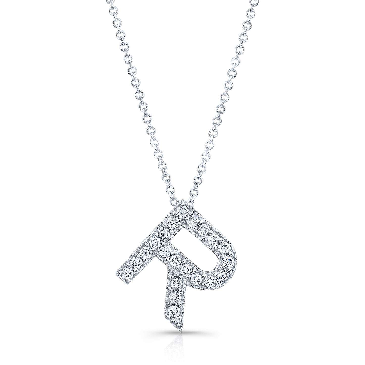 14k white gold diamond initial pendant "R" 18 ctw