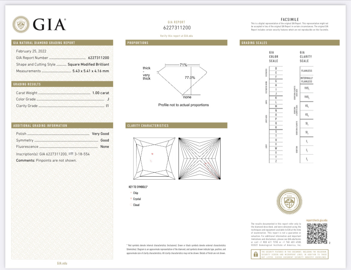 1.00 carat natural Princess cut diamond GIA certified J color I1 clarity