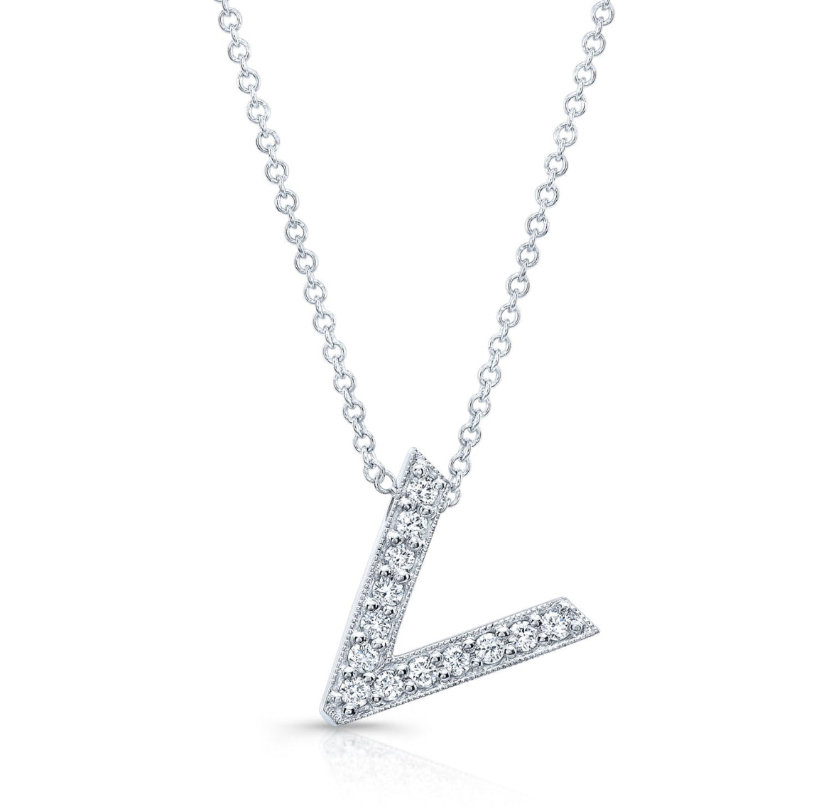 Platinum diamond initial pendant in the letter “V” with 0.15 ctw