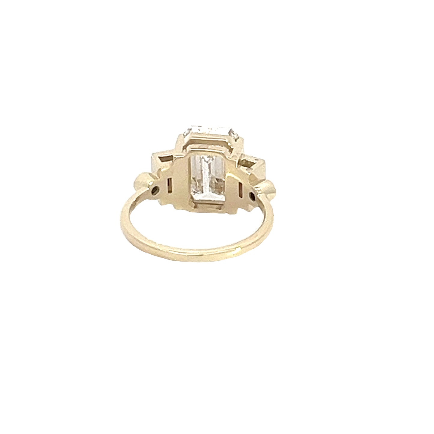 14k yellow Emerald Cut 2 carat tension-style engagement ring with diamond accents