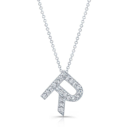 14k white gold diamond initial pendant "R" 18 ctw