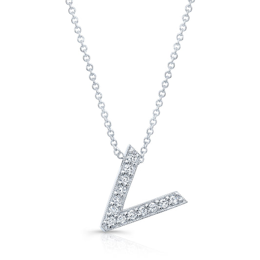 14k white gold diamond initial pendant "V" 0.14 ctw